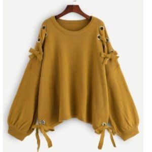 Lantern Sleeve Grommet Lace Up Sweater